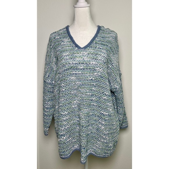 J.Jill Tops - J.Jill Large Hooded Knit Sweater Blue Green White Textured Relaxed Fit Boho Cosy